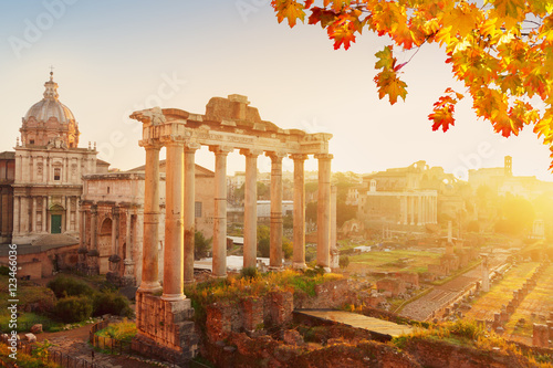 Canvas Print Forum - Roman ruins with cityscape of Rome with sunrire light and yellow fall le