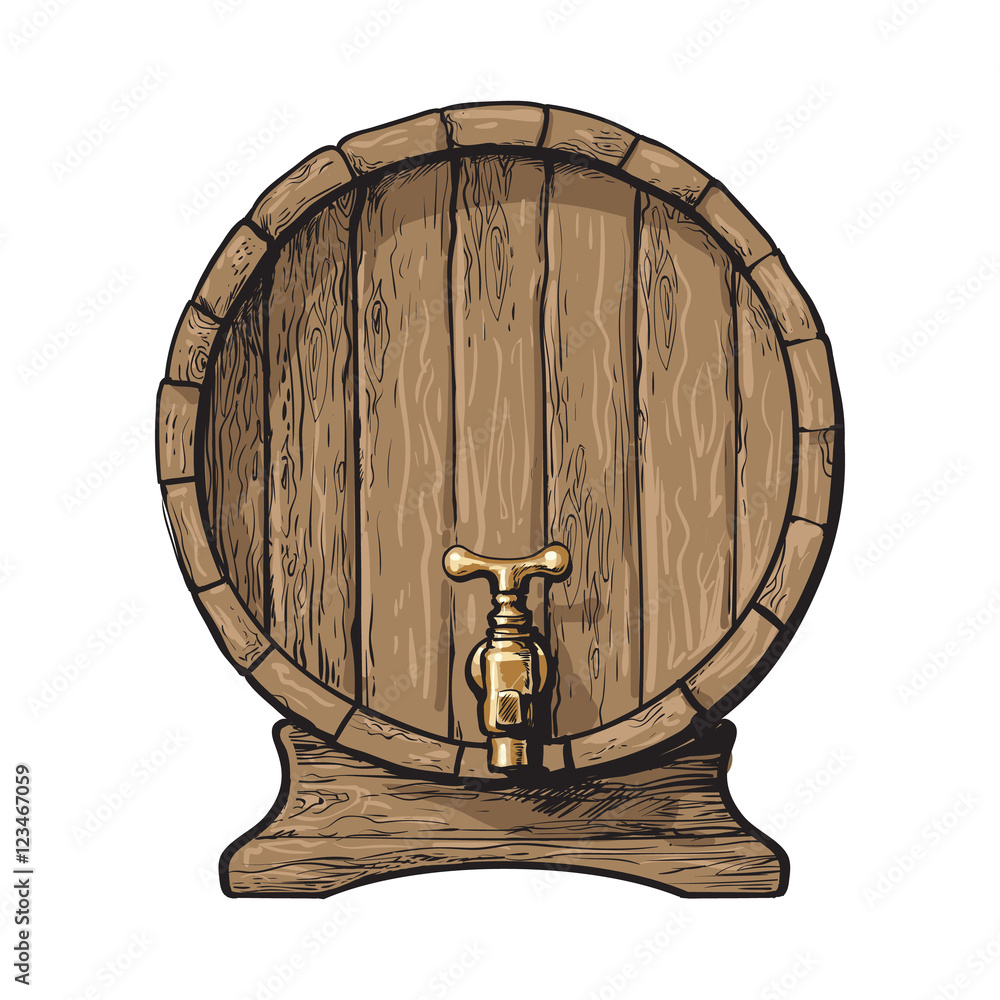 Wooden barrel with tap, sketch style vector illustrations isolated on white  background. Front view of wine, rum, beer classical wooden barrel with a tap  vector de Stock | Adobe Stock