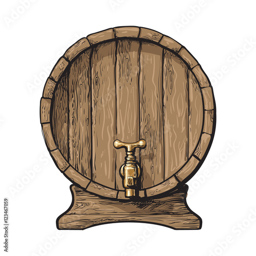 Wooden barrel with tap, sketch style vector illustrations isolated on white background. Front view of wine, rum, beer classical wooden barrel with a tap