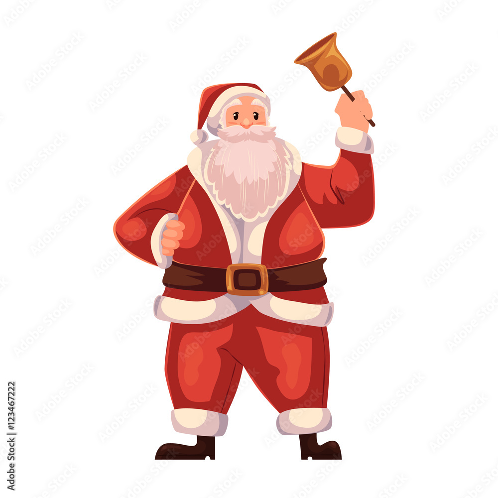 Santa Claus ringing a Christmas bell, cartoon style vector illustration ...