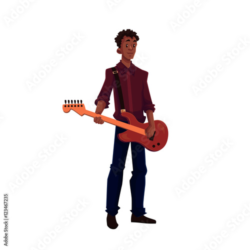 Young African American male electric guitar player, cartoon vector illustration isolated on white background. Full height portrait of black man playing electric guitar