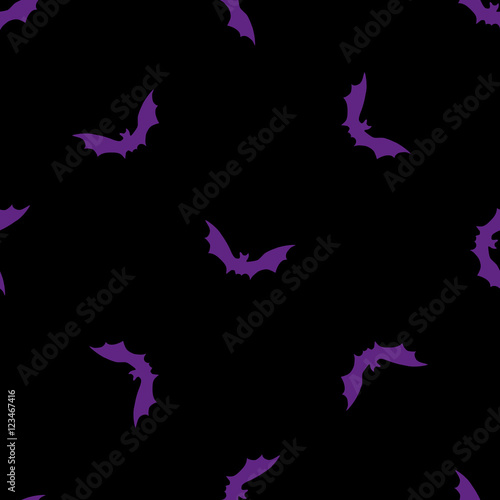 Purple bats abstract seamless pattern on black background.