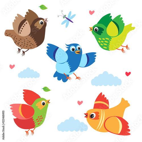 Flying Colorful Birds. Vector Birds. Set Cartoon Illustration. Isolated On White Background. Birds Of Paradise. Birds For Sale. Birds In The Sky. Birds Singing. Small Birds And Young Birds.