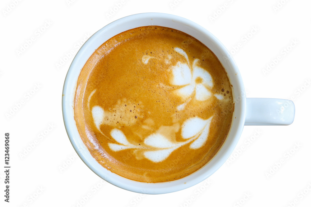 Top view coffee latte art on white background isolated with clip Top view coffee latte art on white background isolated with clip