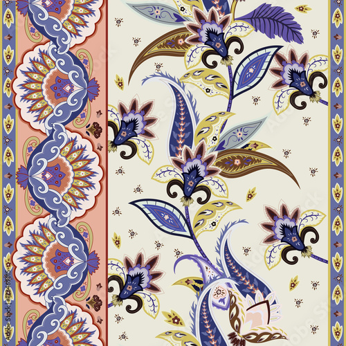 India paisley ornamental pattern. Seamless floral border. Decorative motif for wrapping, wallpaper, fabric