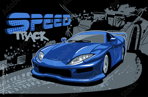 Blue car on city background
