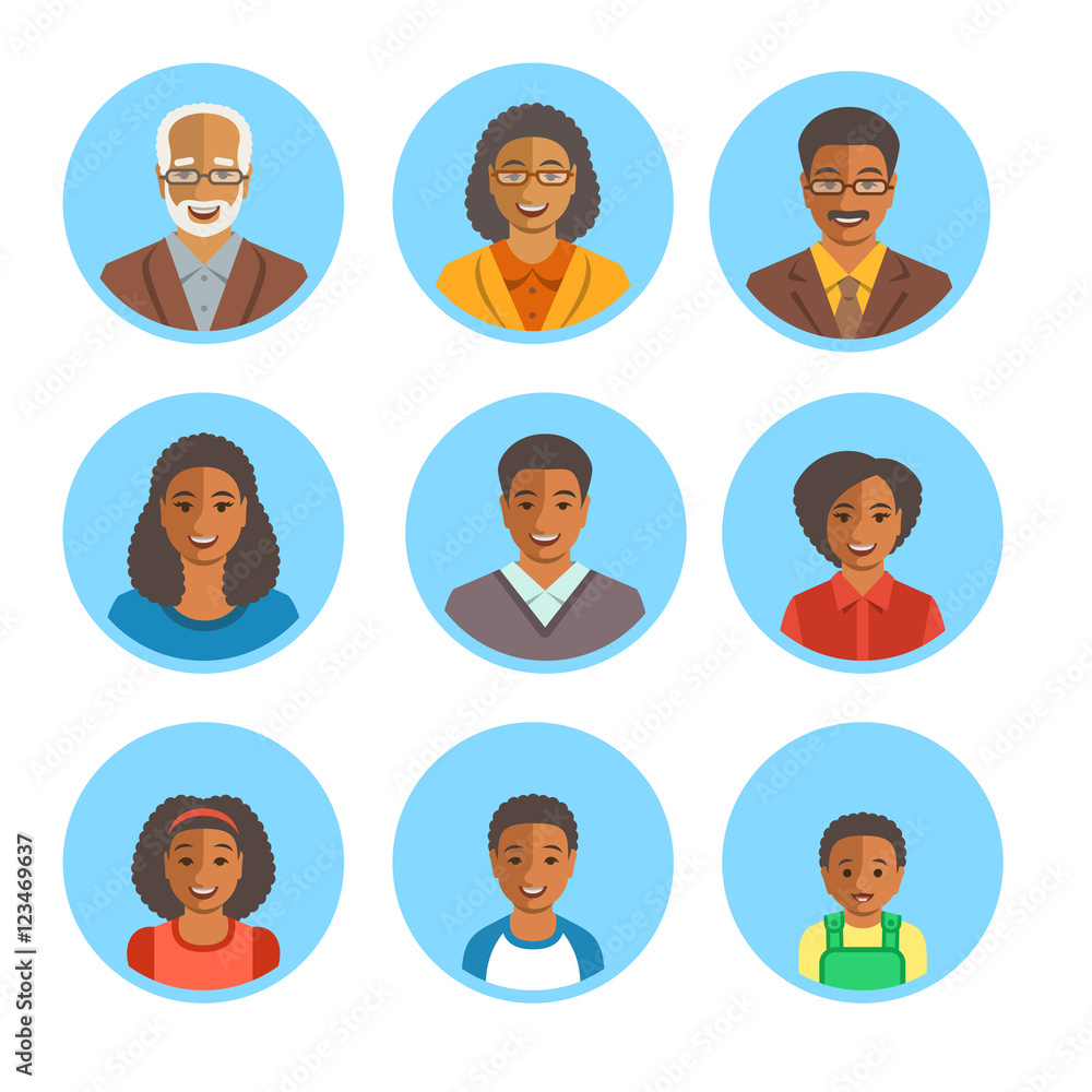 African American family happy faces. Vector flat avatars. Black people all ages generation simple icons. Mother, father, adult, teen, little kids portraits. Young, senior men, women, boys, girls, baby African American family happy faces. Vector flat avatars. Black people all ages generation simple icons. Mother, father, adult, teen, little kids portraits. Young, senior men, women, boys, girls, baby