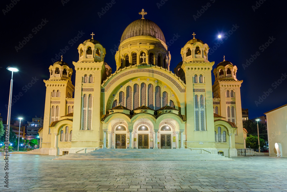 Saint Andrew basilica at night, the largest church in Greece, Patras, Peloponnese.