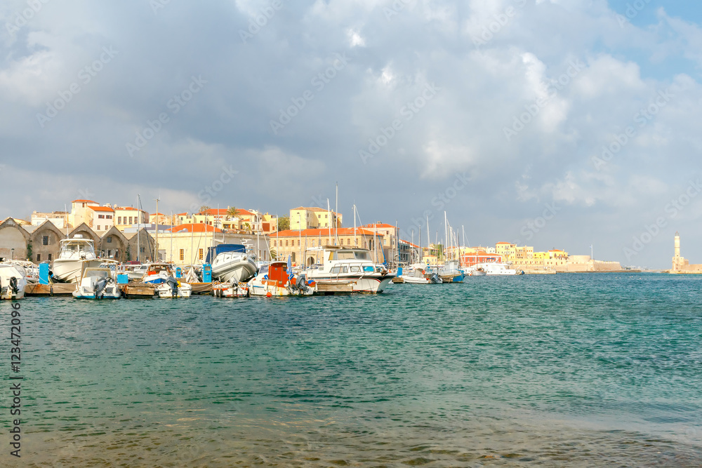 Chania. Fishing boats and yachts in the harbor.