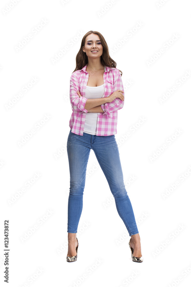 Young beautiful brunette woman in blue jeans Young beautiful brunette woman in blue jeans