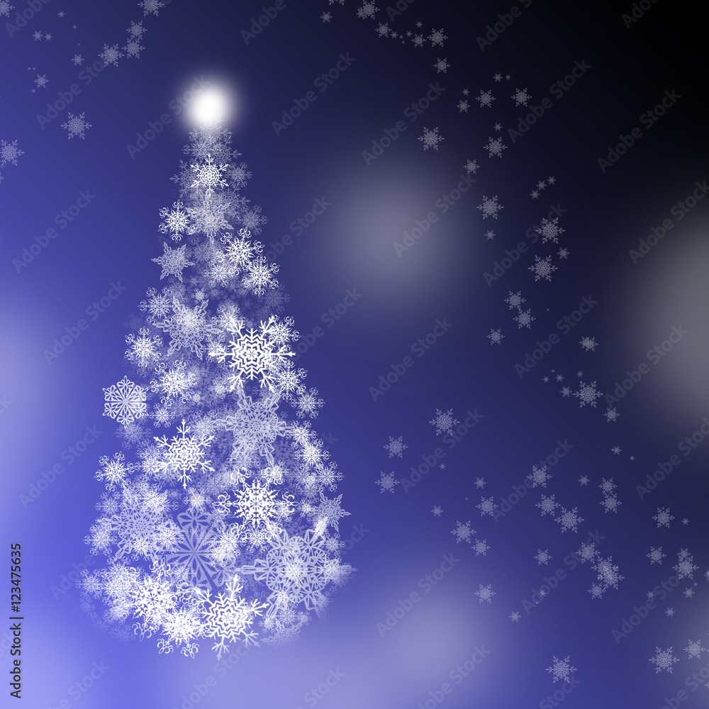 White snowflakes christmas tree at the blue and black background White snowflakes christmas tree at the blue and black background