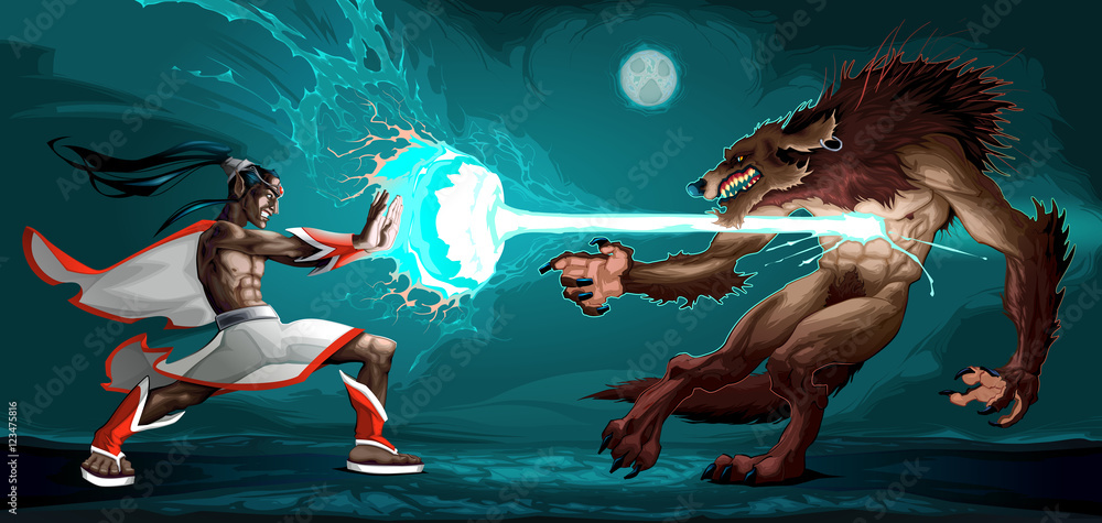 Fototapeta premium Fighting scene between elf and werewolf