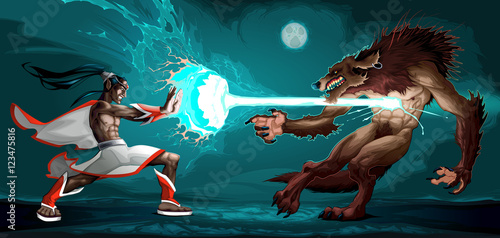 Fighting scene between elf and werewolf