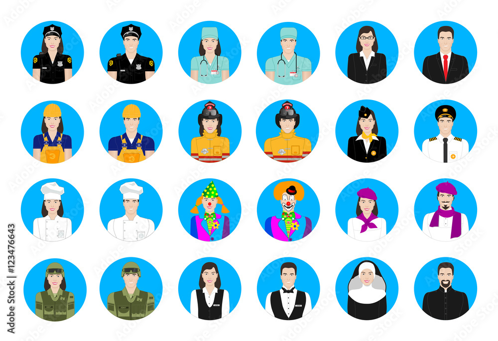 Icons profession set in color male and female Icons profession set in color male and female