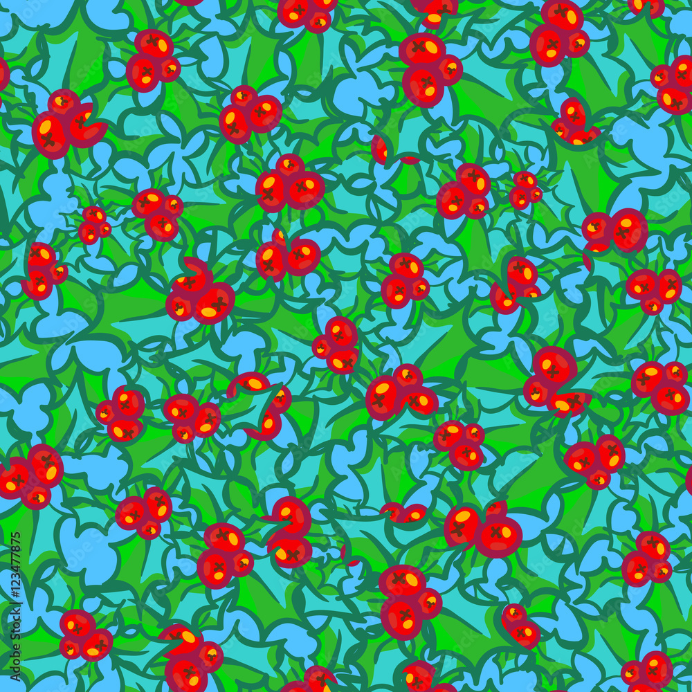  hand drawn background, design element for greeting card, fabric, wrapping paper. Holly with berry. Christmas seamless pattern