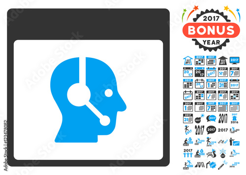Call Center Operator Calendar Page icon with bonus calendar and time management pictures. Vector illustration style is flat iconic symbols, blue and gray colors, white background.