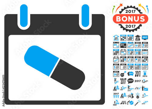 Drugs Pill Calendar Day icon with bonus calendar and time management images. Vector illustration style is flat iconic symbols, blue and gray colors, white background.