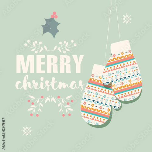 Merry Christmas postcard with mittens and decoration