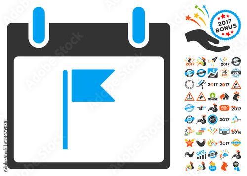 Flag Calendar Day icon with bonus calendar and time management symbols. Vector illustration style is flat iconic symbols, blue and gray colors, white background.