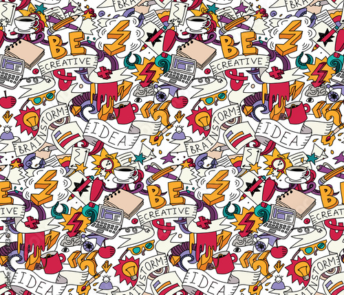 Creative doodles idea brainstorm color seamless pattern white.