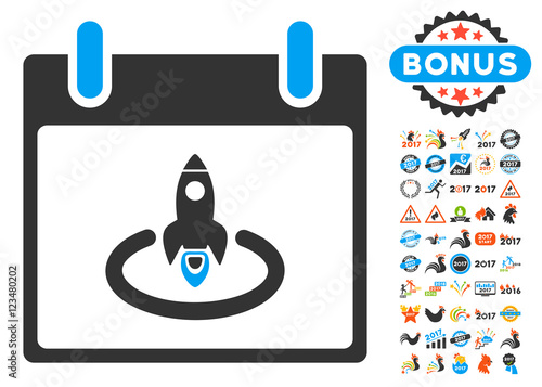 Rocket Start Calendar Page pictograph with bonus calendar and time management images. Vector illustration style is flat iconic symbols, blue and gray colors, white background.