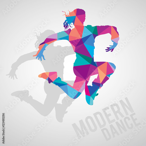 Colorful silhouette of sportive girl dancing modern dance styles. Modern dance lettering. Multicolored detailed vector silhouette.