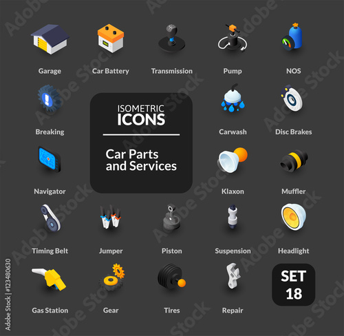 Color icons set in flat isometric illustration style, vector collection