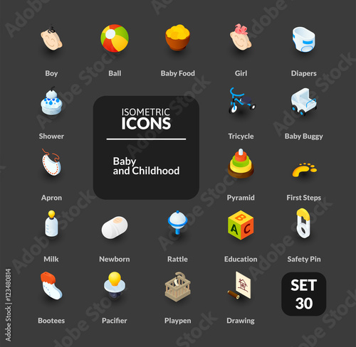Color icons set in flat isometric illustration style, vector collection