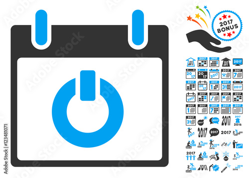 Turn on Calendar Day icon with bonus calendar and time management pictures. Vector illustration style is flat iconic symbols, blue and gray colors, white background.