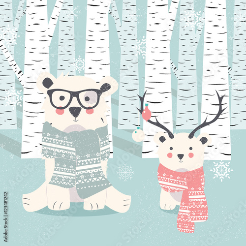 Merry Christmas postcard with two polar white bears in forest