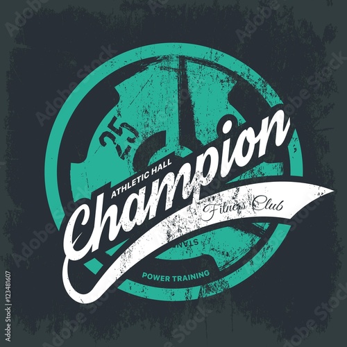 Modern fitness center tee print vector design isolated on dark background. Premium quality superior champion logo concept. 
Shabby t-shirt athletic club emblem illustration. Threadbare iron barbell.