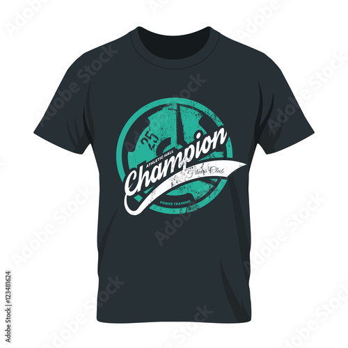 Modern fitness center tee print vector design isolated on dark background. Premium quality superior champion logo concept. 
Threadbare iron barbell illustration. Shabby athletic club t-shirt mock up.