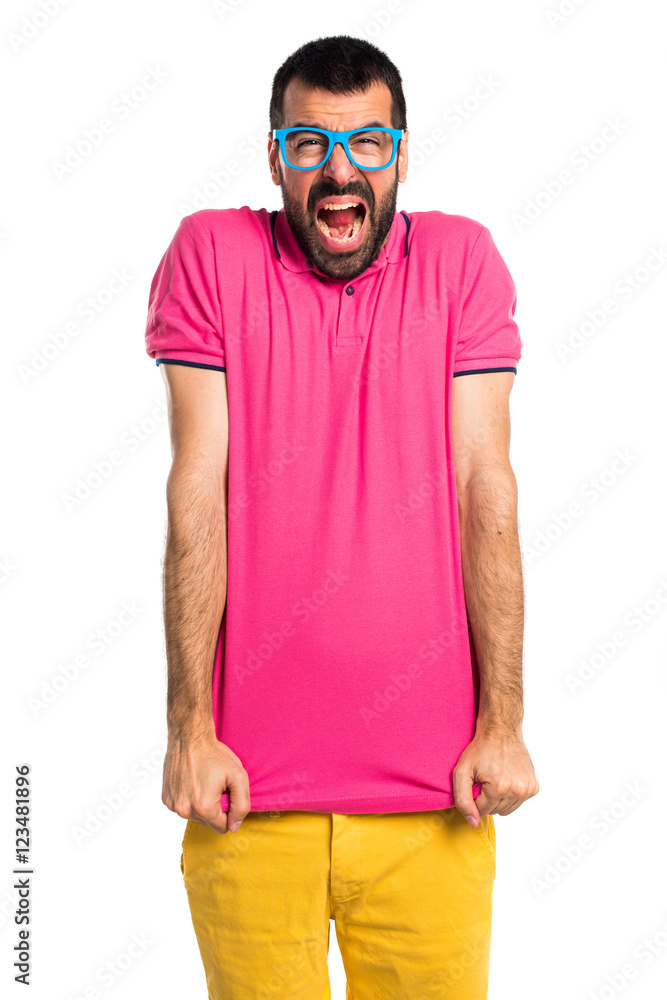 Fototapeta premium Frustrated man with colorful clothes