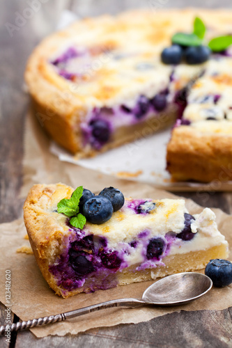 Cheesecake  with blueberry and mint. Summer dessert