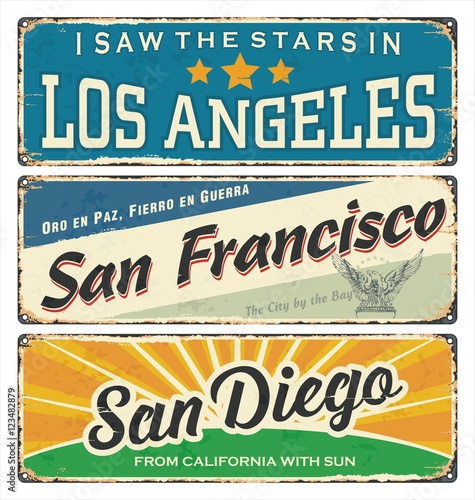 Vintage tin sign collection with USA cities. Los Angeles. San Francisco. San Diego. Retro souvenirs or postcard templates on vintage background.