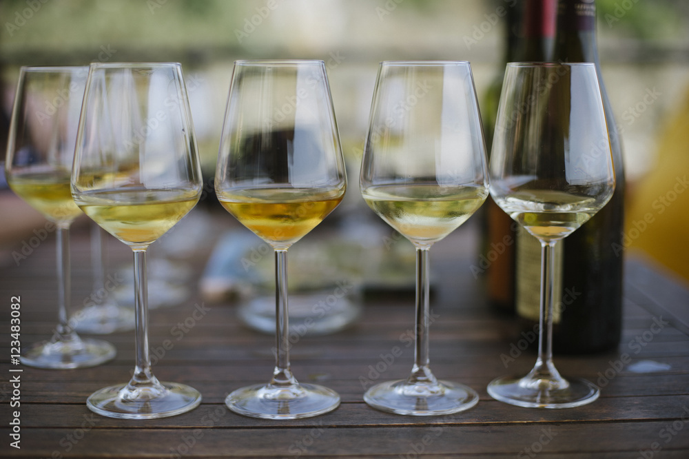 White wine in glasses, Cinque Terre, Italy, Europe White wine in glasses, Cinque Terre, Italy, Europe