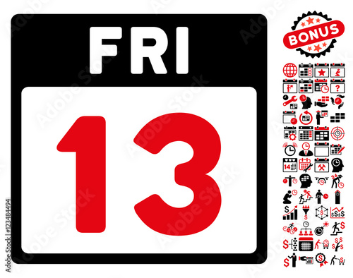13 Friday Calendar Page pictograph with bonus calendar and time management design elements. Vector illustration style is flat iconic symbols, intensive red and black, white background.