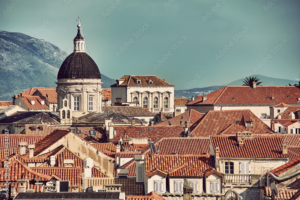 Dubrovnik Old Town roofs at sunset. Croatia