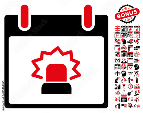 Alert Calendar Day icon with bonus calendar and time management pictures. Vector illustration style is flat iconic symbols, intensive red and black, white background.