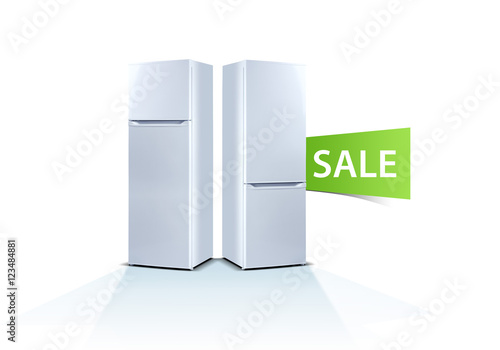 Two refrigerators on white background, front view, with food, isolated on white, sale word, label, sticker
