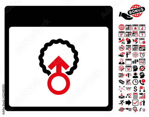 Cell Penetration Calendar Page pictograph with bonus calendar and time management symbols. Vector illustration style is flat iconic symbols, intensive red and black, white background.