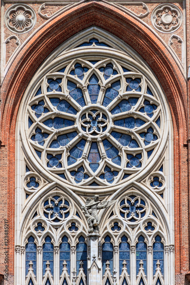 Rosette with stained glass on the front of the Catedral in La Pl Rosette with stained glass on the front of the Catedral in La Pl