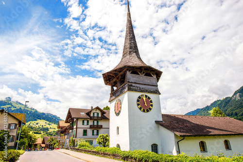 Ancient wooden church in the mountain village near Interlaken city in Switzerland