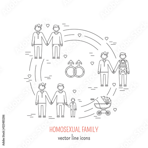 Nontraditional family line icons composition gay  homosexual couples. Vector illustration.