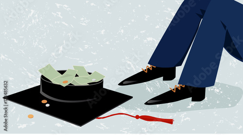 Person sitting on the street next to a college graduation cap, begging for money, EPS 8 vector illustration, no transparencies