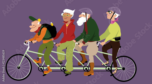 Group of active seniors riding a tandem bike, EPS 8 vector illustration, no transparencies