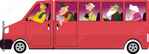 Group of active seniors riding in a van, EPS 8 vector illustration, no transparencies