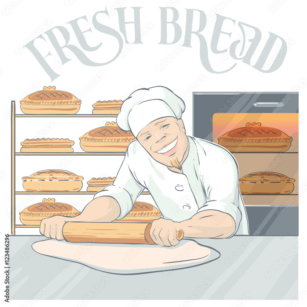 Smiling Baker Rolling Pastry Illustration Smiling Baker Rolling Pastry Illustration