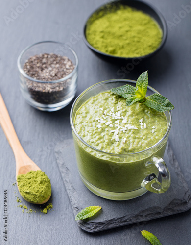 Matcha green tea chia seed pudding, dessert