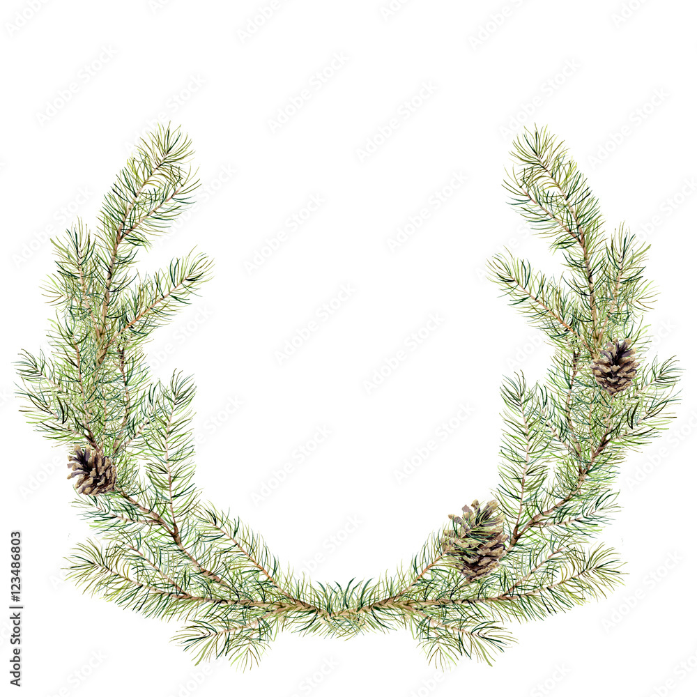 Watercolor christmas fir wreath with cones. New year tree branch wreath for design, print or background